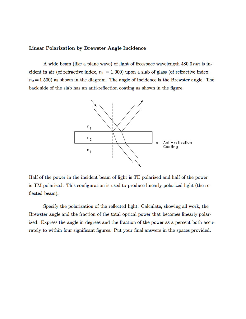 Solved Linear Polarization by Brewster Angle Incidence A | Chegg.com