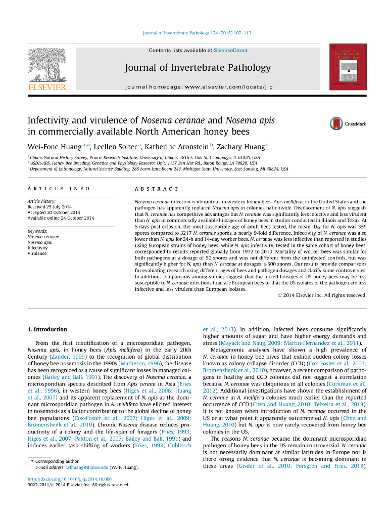 Solved ournal ol Invertebrate Patholagy 124 (2015) 107-113 | Chegg.com