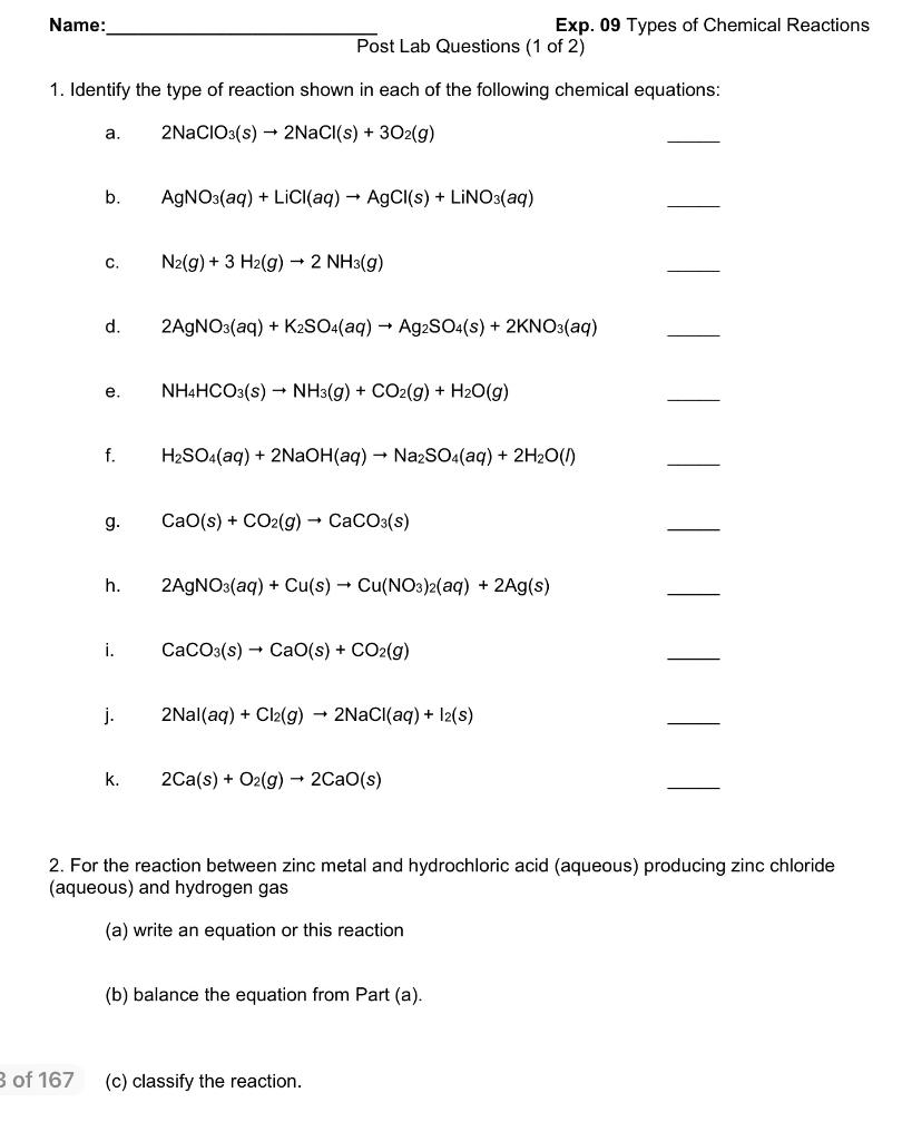 Solved Name: Exp. 09 Types of Chemical Reactions Post Lab | Chegg.com