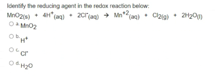 Solved Identify the reducing agent in the redox reaction | Chegg.com