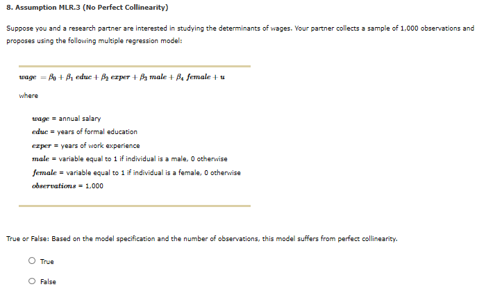 Solved 8. Assumption MLR.3 (No Perfect Collinearity) Suppose | Chegg.com