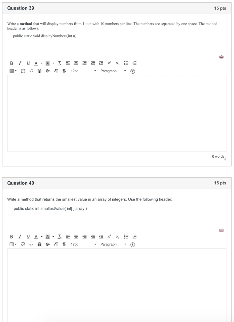 Solved Question 39 15 pts Write a method that will display | Chegg.com