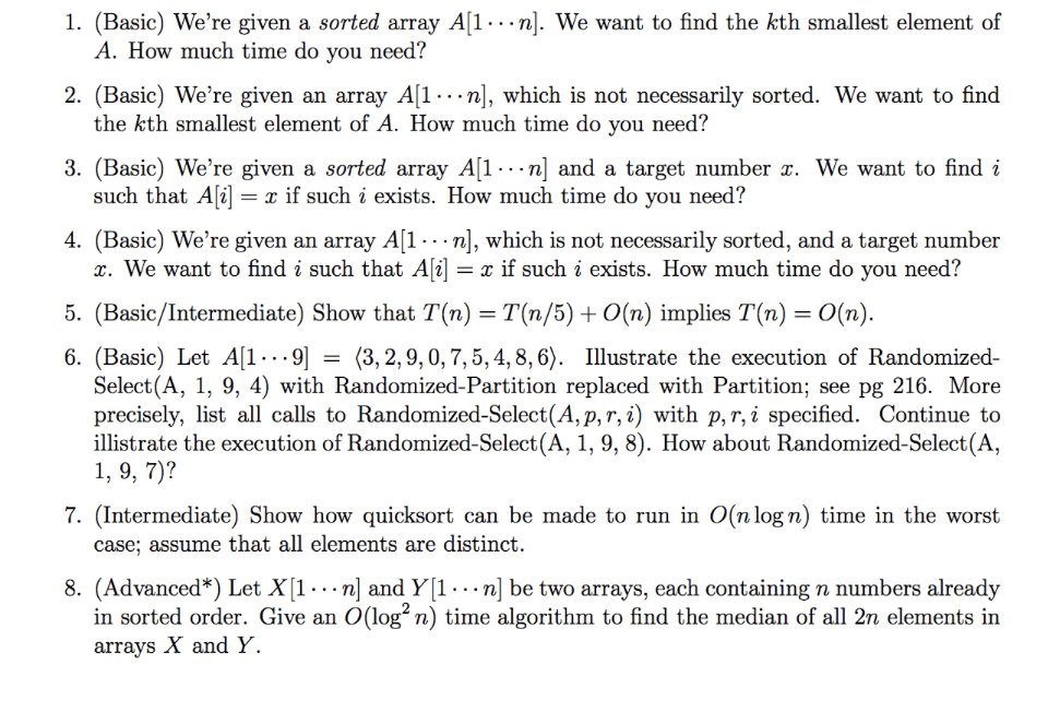 Solved 1. (Basic) We're given a sorted array A[1...n]. We | Chegg.com