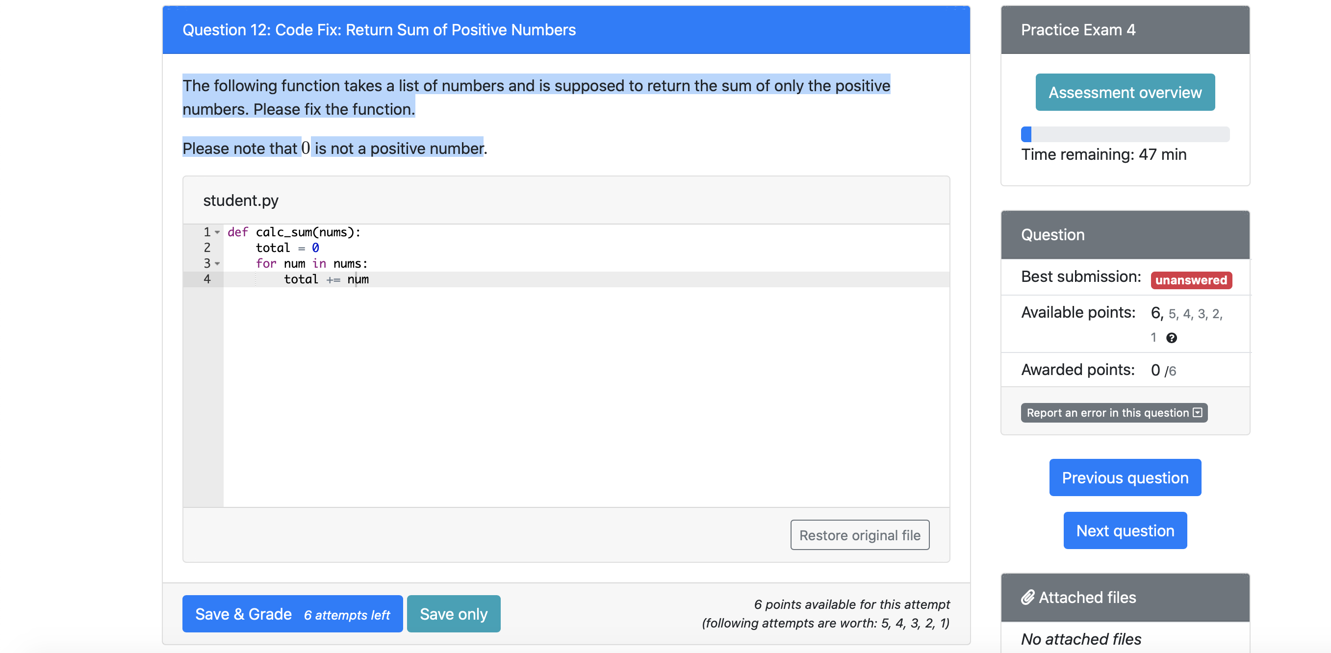 Solved question 12 code fix return sum of positive numbers chegg