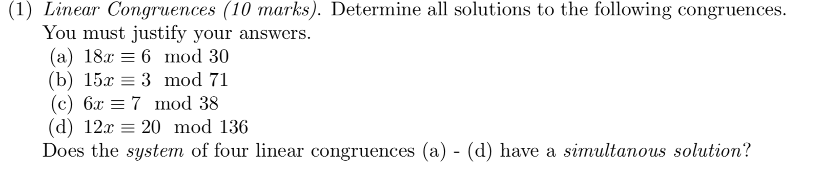 Solved (1) Linear Congruences (10 Marks). Determine All | Chegg.com