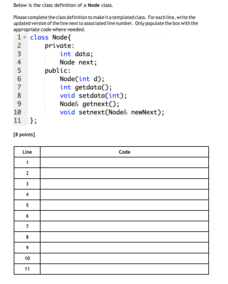 Solved Below is the class definition of a Node class. Please | Chegg.com