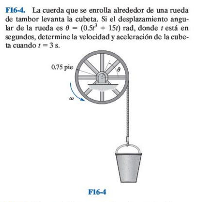 F16-4. La cuerda que se enrolla alrededor de una rueda de tambor levanta la cubeta. Si el desplazamiento angular de la rueda