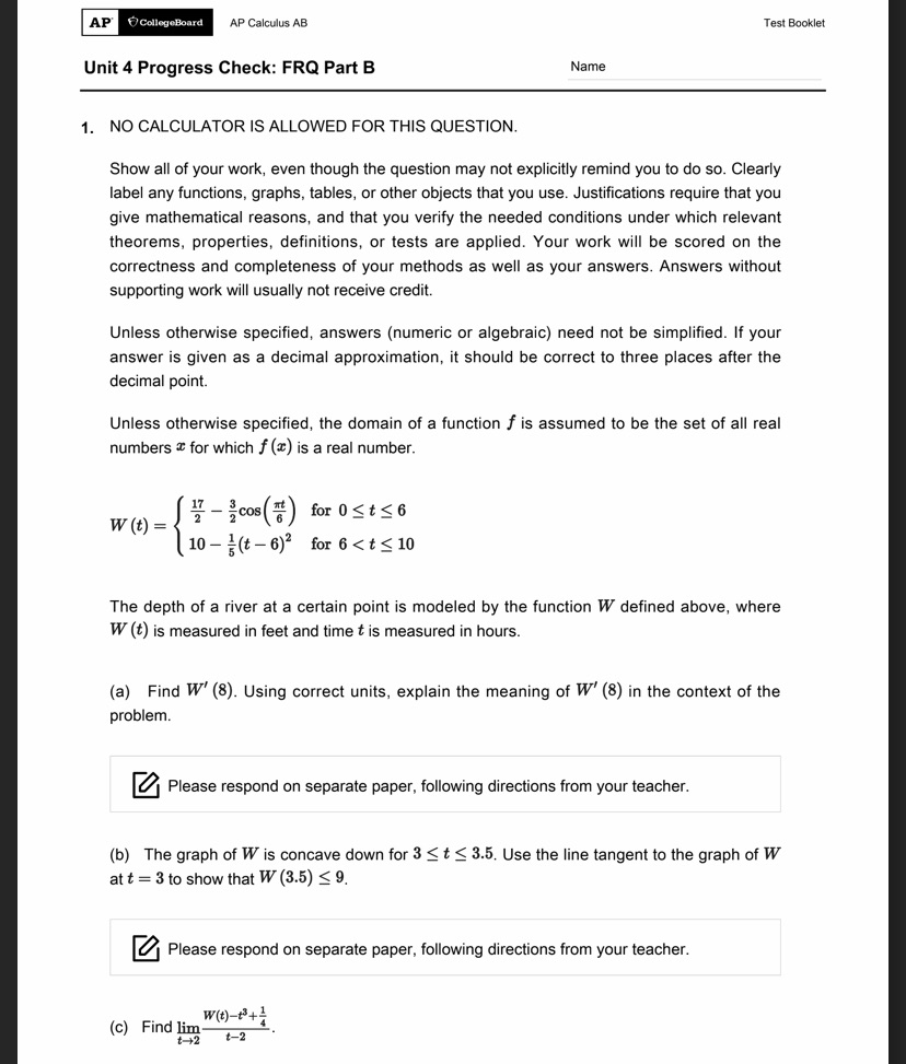 Solved AP CollegeBoard AP Calculus AB Test Booklet Unit 4