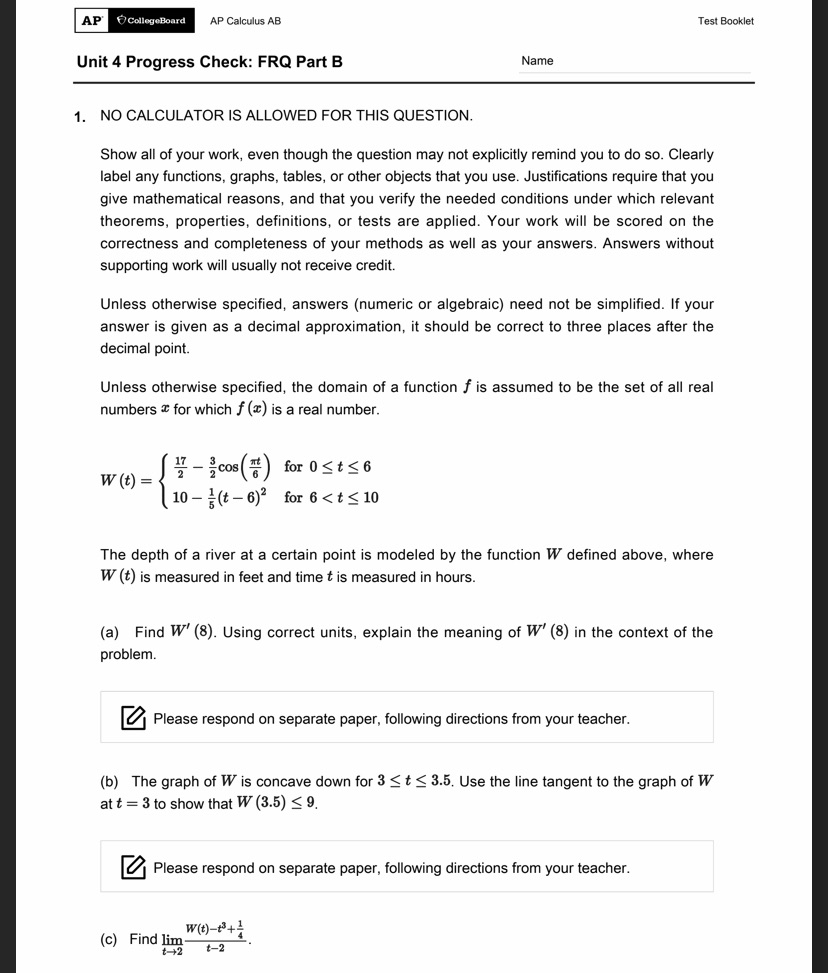 Ap Collegeboard Ap Calculus Ab Test Booklet Unit 4 Chegg 