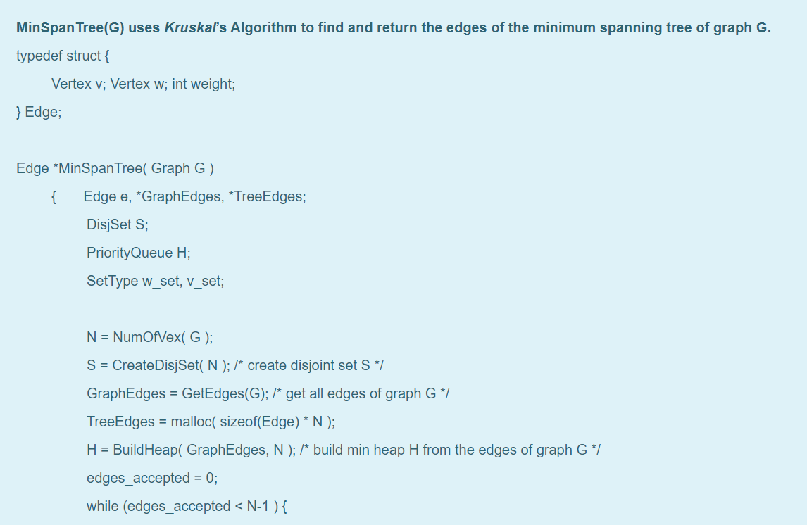 Solved MinSpan Tree(G) uses Kruskal's Algorithm to find and | Chegg.com