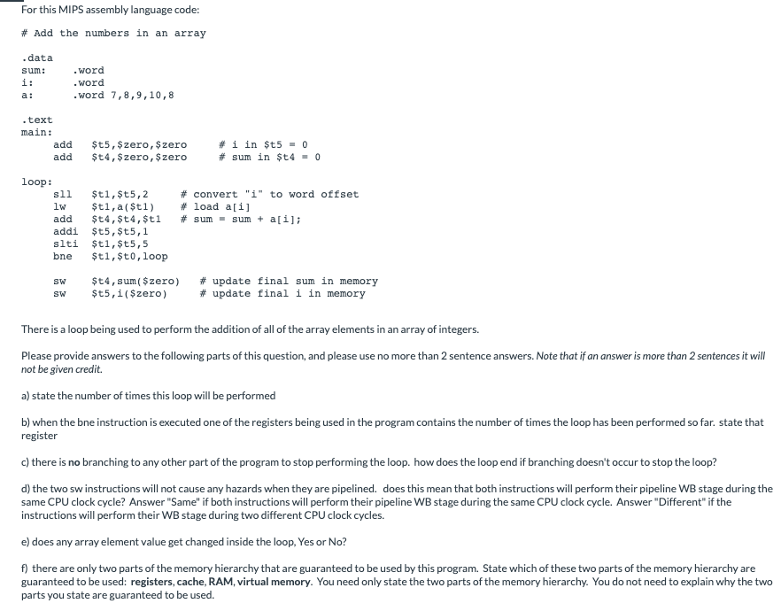 Solved For this MIPS assembly language code: # Add the | Chegg.com