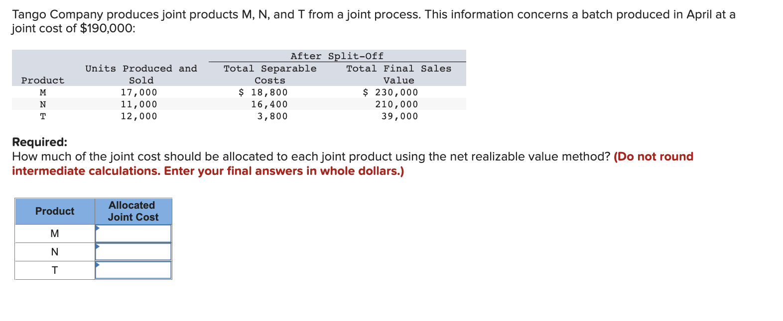 Solved Tango Company produces joint products M,N, and T from | Chegg.com