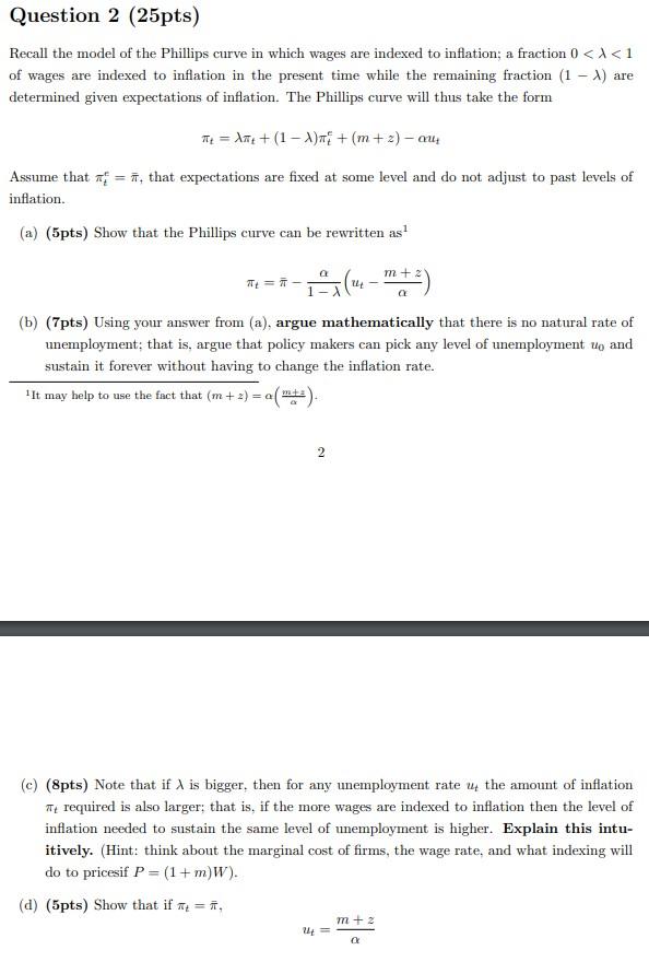 Solved Question 2 (25pts) Recall the model of the Phillips | Chegg.com