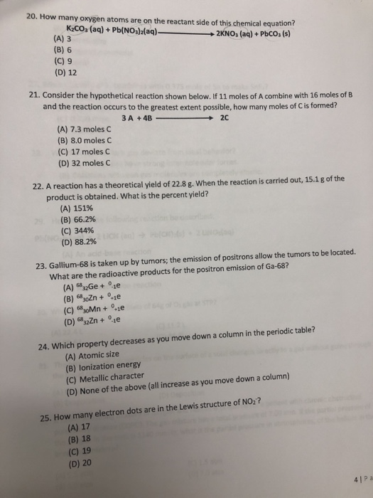 Solved 20. How many oxygen atoms are on the reactant side of | Chegg.com