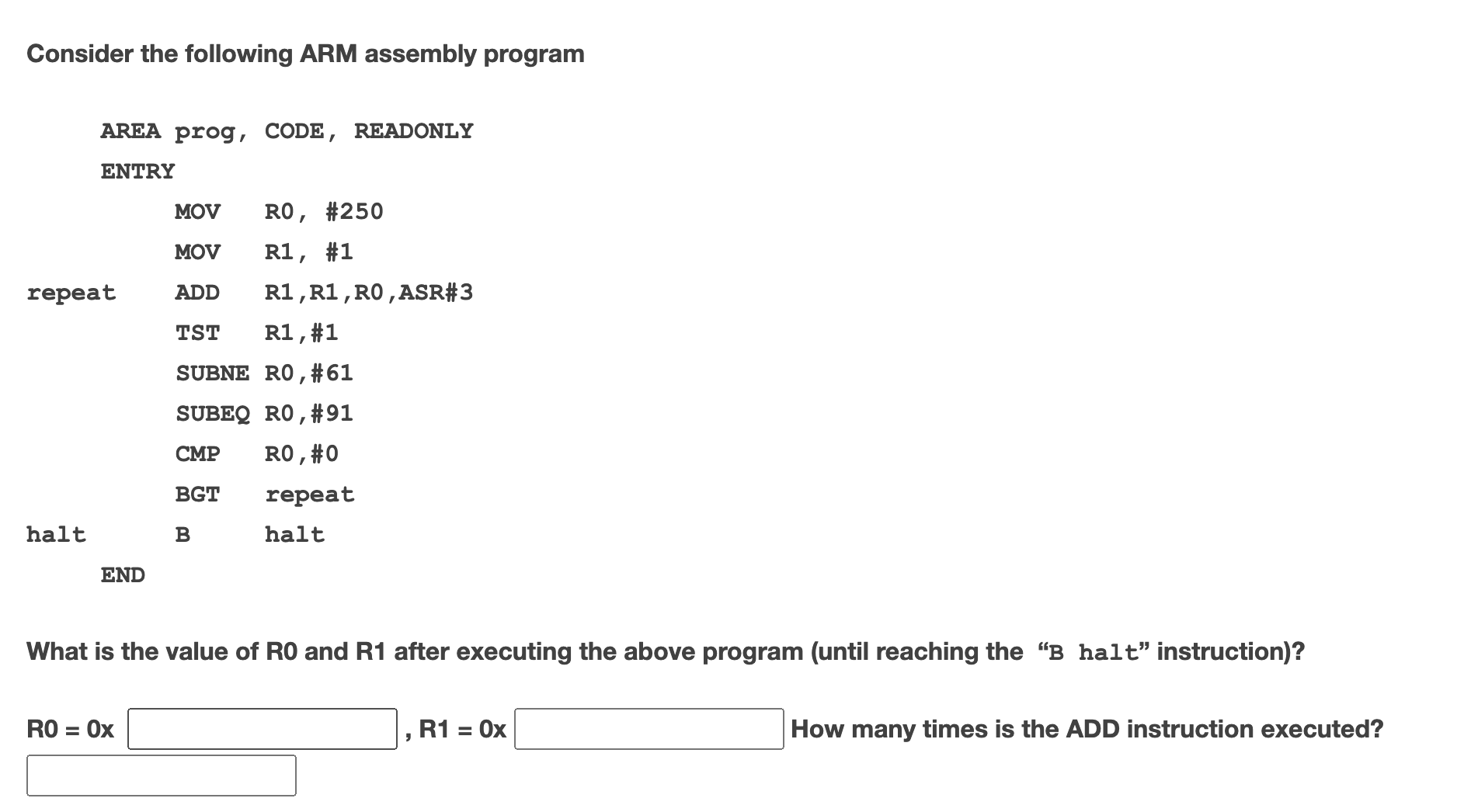 Solved Consider The Following ARM Assembly Program AREA | Chegg.com