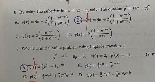 Solved 6. By using the substitution v = 4x - y, solve the | Chegg.com