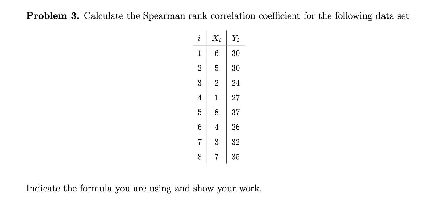 Problem 3. Calculate the Spearman rank correlation coefficient for the following data set
Indicate the formula you are using