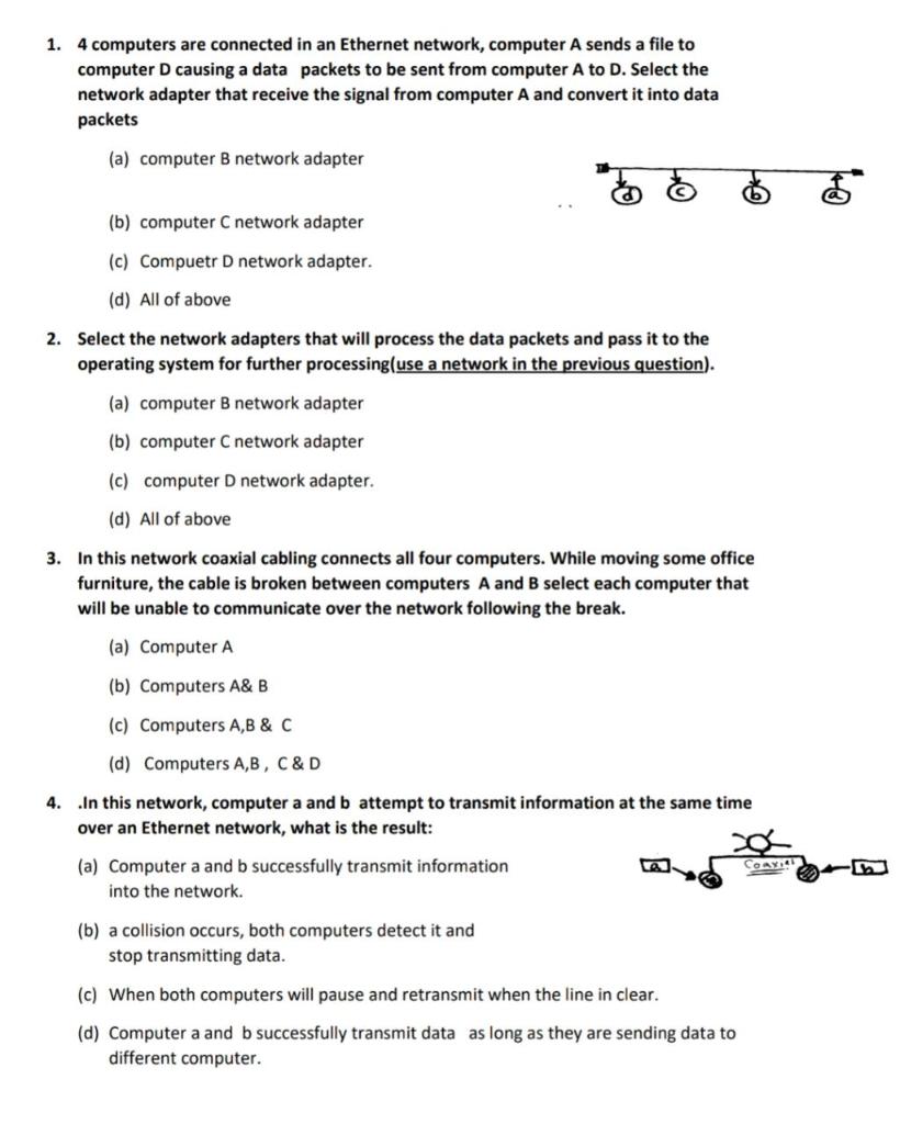 Solved 1. 4 Computers Are Connected In An Ethernet Network, | Chegg.com