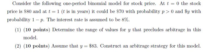 Consider the following one-period binomial model for | Chegg.com