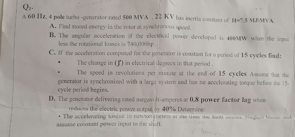 Solved A 60 Hz,4 pole turbo -generator rated 500MVA.22KV has | Chegg.com