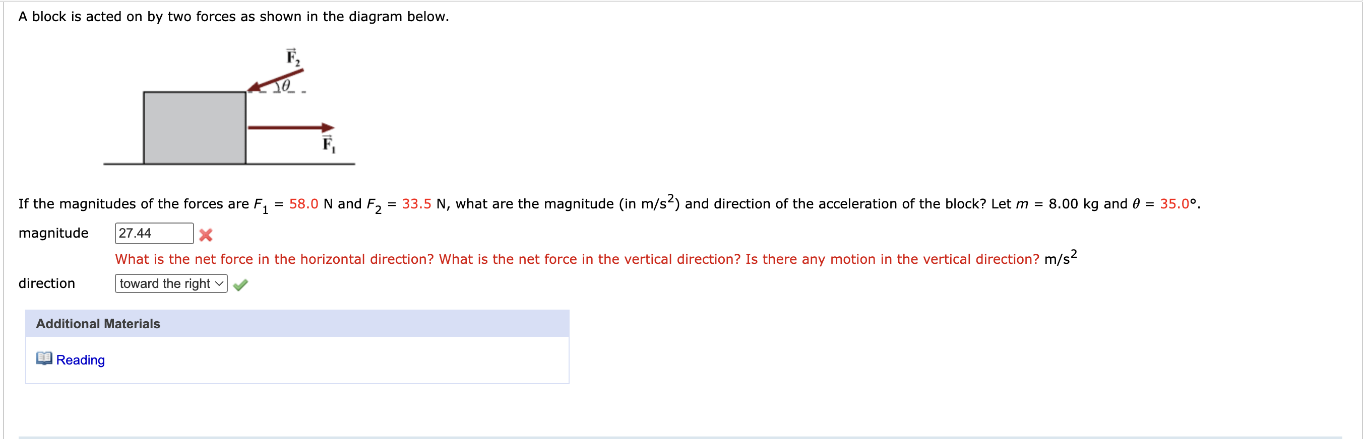 Solved A block is acted on by two forces as shown in the | Chegg.com