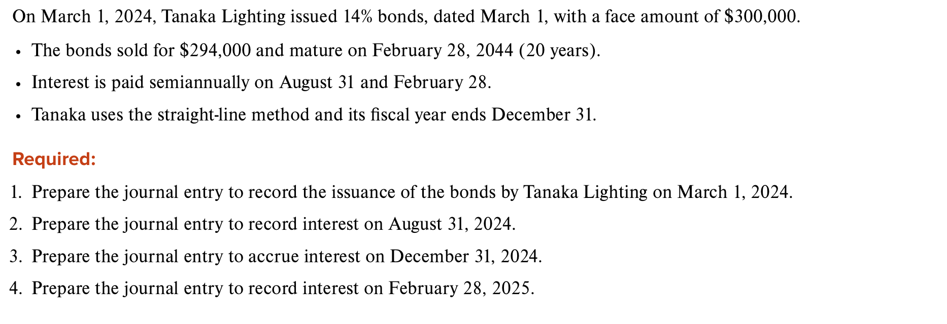 Solved On March 1, 2024, Tanaka Lighting issued 14 bonds,