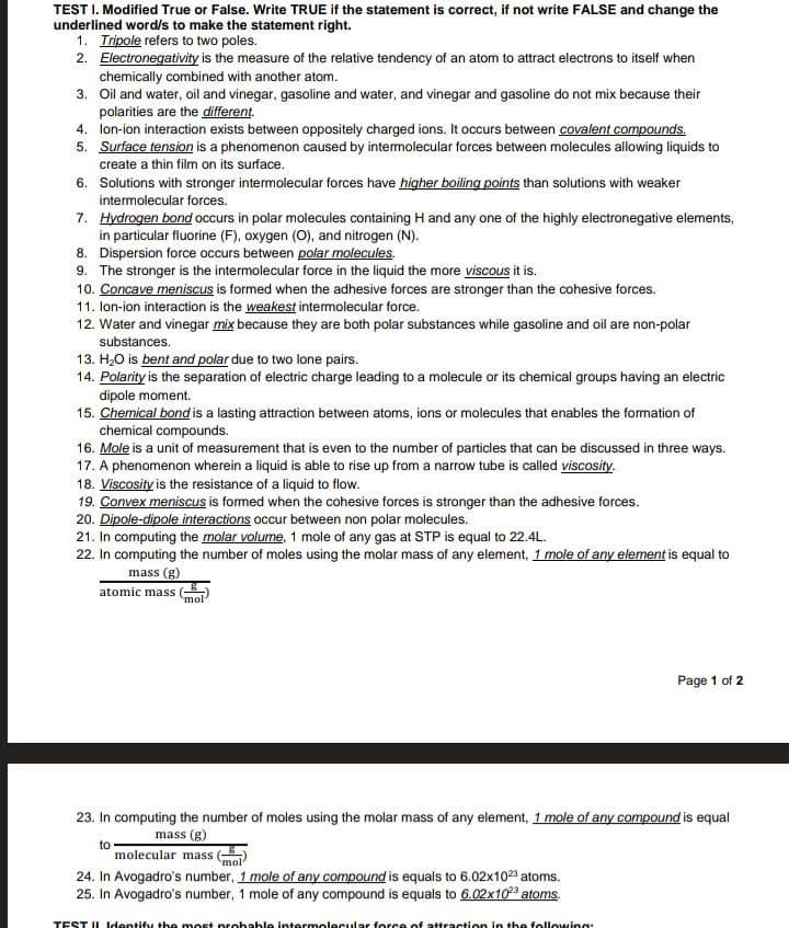 Solved TEST I. Modified True Or False. Write TRUE If The | Chegg.com