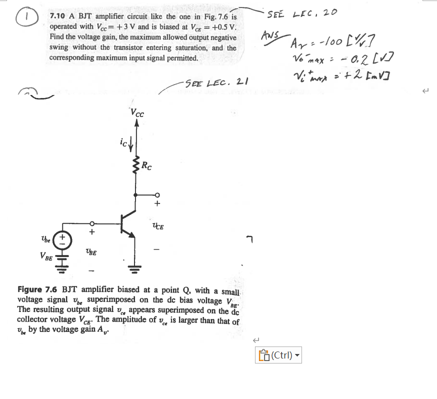 Solved 7.10 A BJT amplifier circuit like the one in Fig. 7.6 | Chegg.com