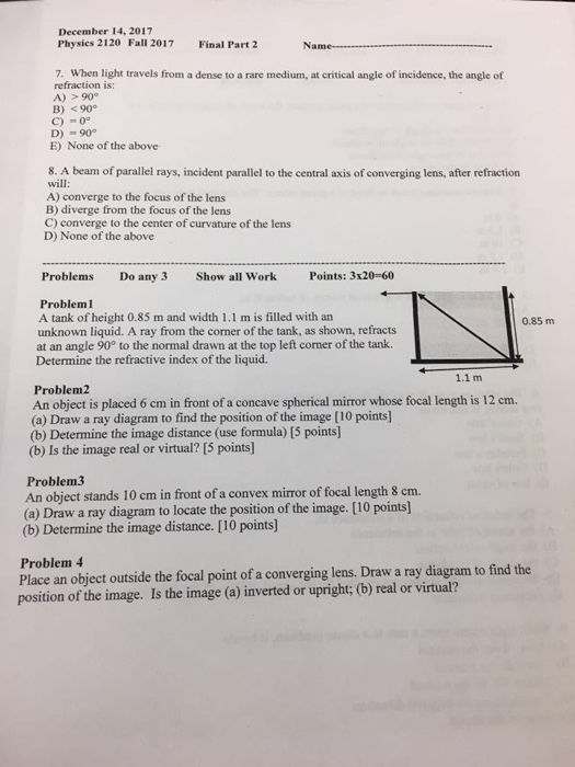 Solved December 14, 2017 Physies 2120 Fall 2017 Final Part 2 | Chegg.com