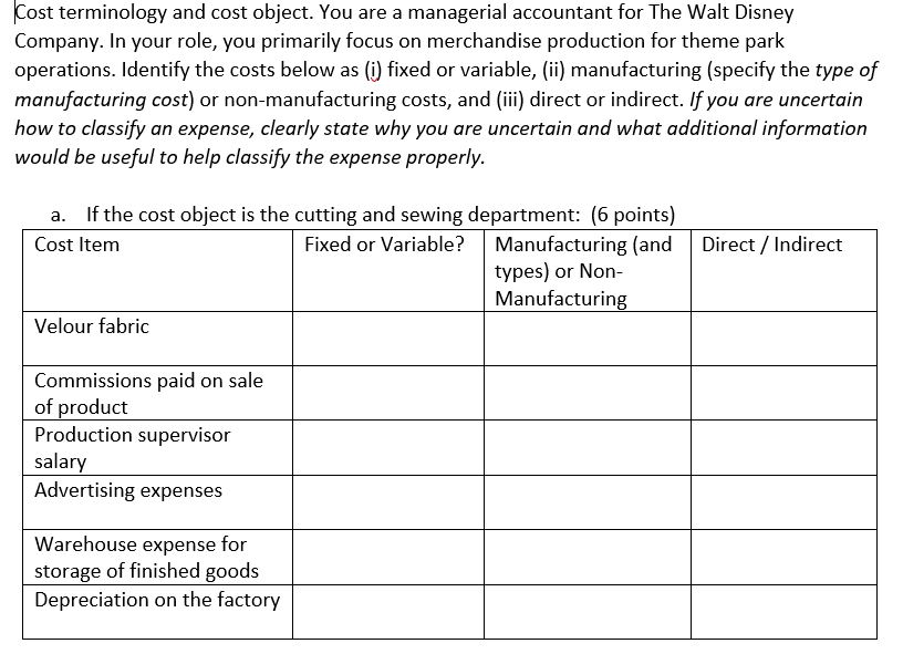 Solved Cost Terminology And Cost Object You Are A Chegg Com