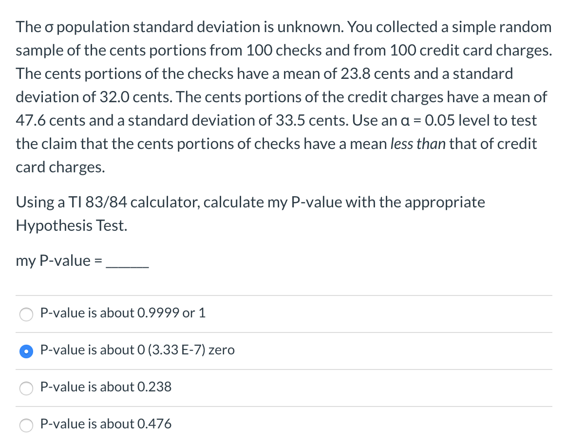 Solved The o population standard deviation is unknown. You | Chegg.com