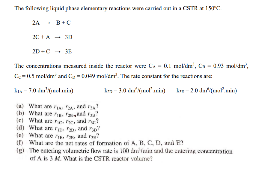 Solved The following liquid phase elementary reactions were | Chegg.com