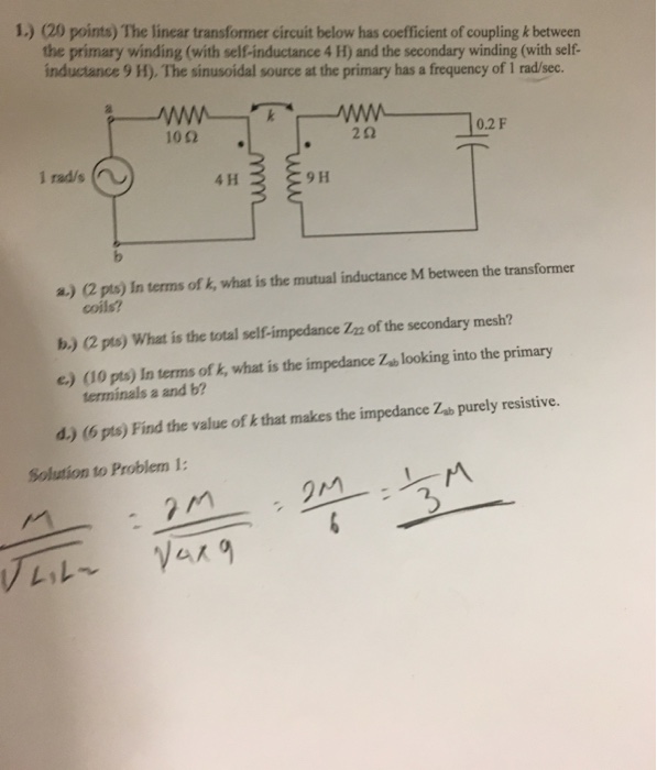 Solved The linear transformer circuit below has coefficient