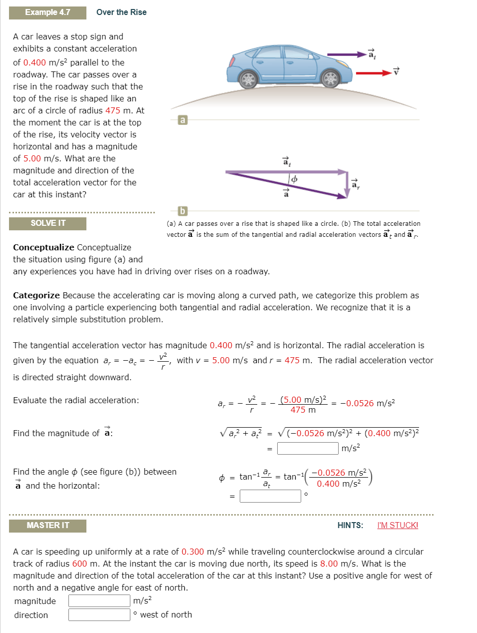 Solved Example 4.7 Over the Rise A car leaves a stop sign | Chegg.com