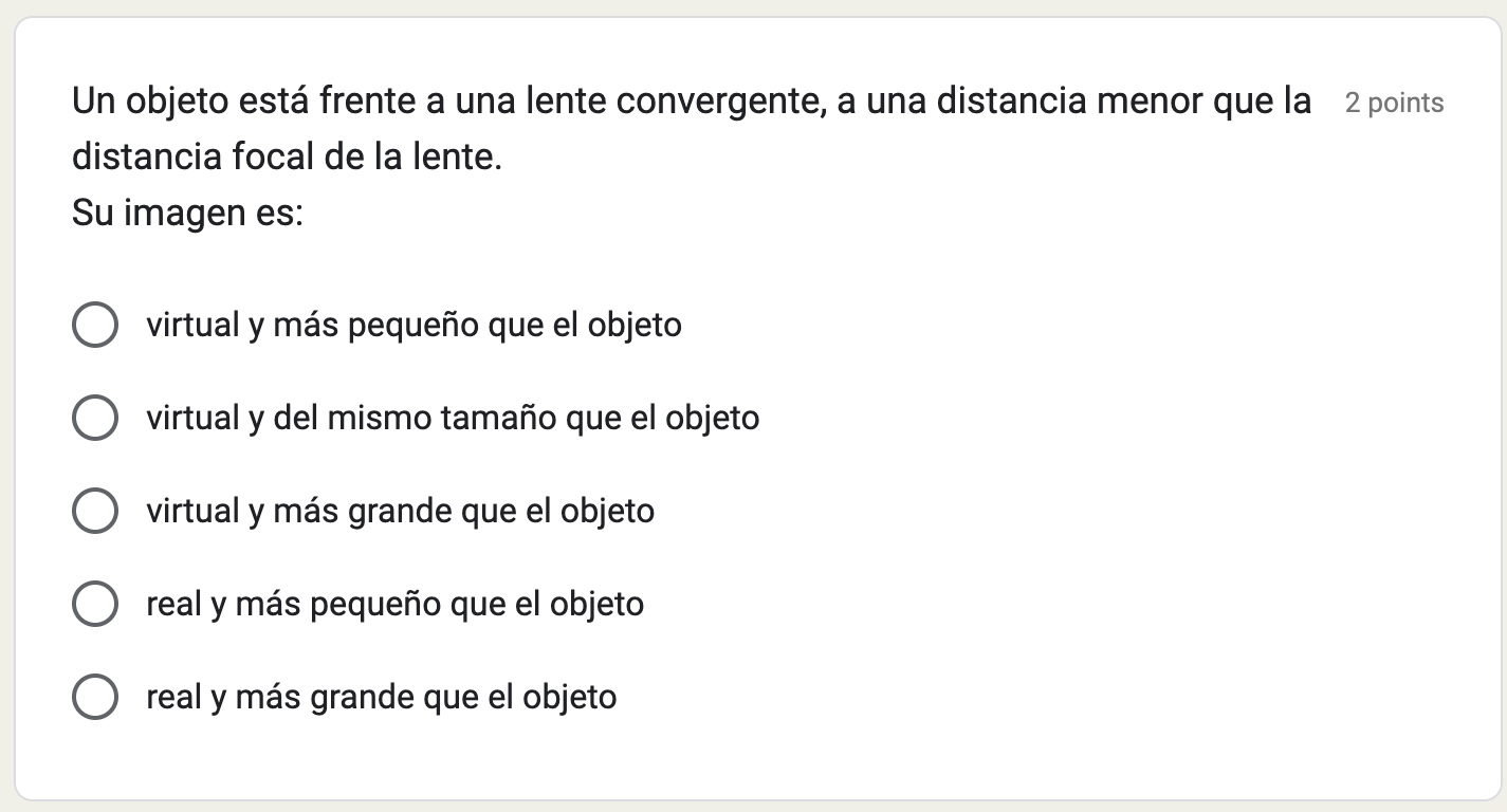 Un objeto está frente a una lente convergente, a una distancia menor que la 2 points distancia focal de la lente. Su imagen