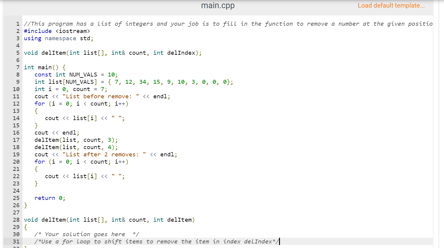 Solved Implement the for loop in the function delItem to | Chegg.com