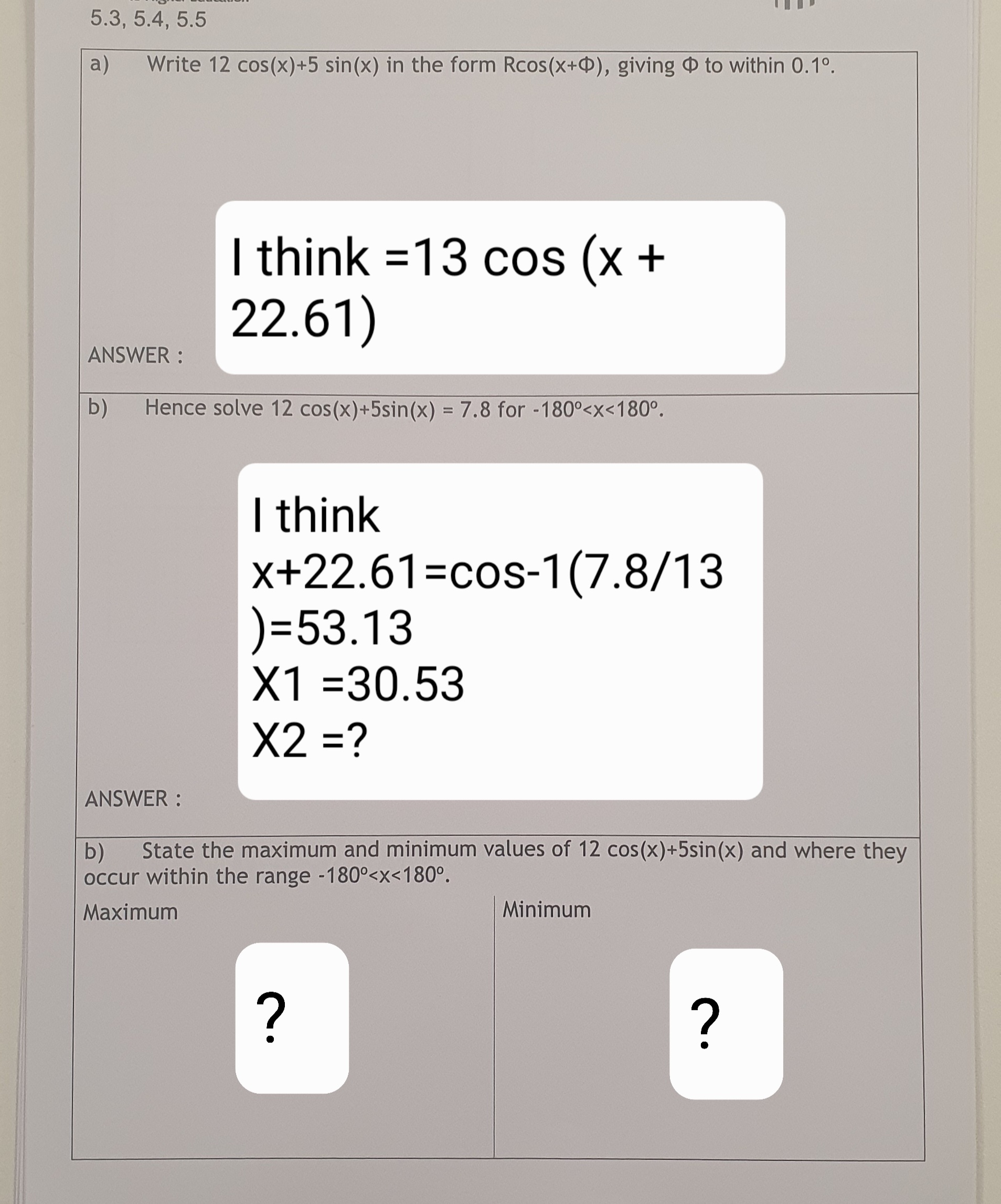 a) Write 12cos(x)+5sin(x) in the form Rcos(x+Φ), | Chegg.com
