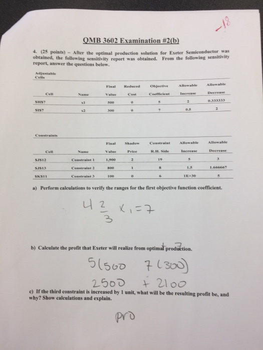 Solved QMB 3602 Examination #2(b) 4. (25 points) After the | Chegg.com