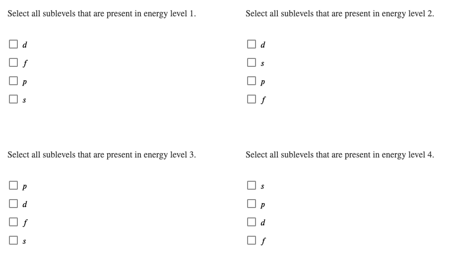 Solved Select all sublevels that are present in energy level 