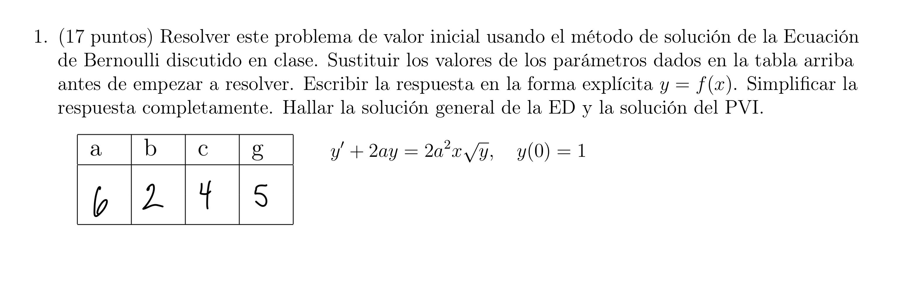 (17 puntos) Resolver este problema de valor inicial usando el método de solución de la Ecuación de Bernoulli discutido en cla