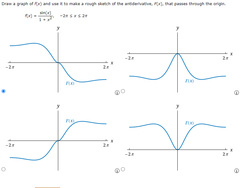 Draw a graph of f(x) and use it to make a rough sketch of the antiderivative, F(x), that passes through the origin.
f(x)
=
si