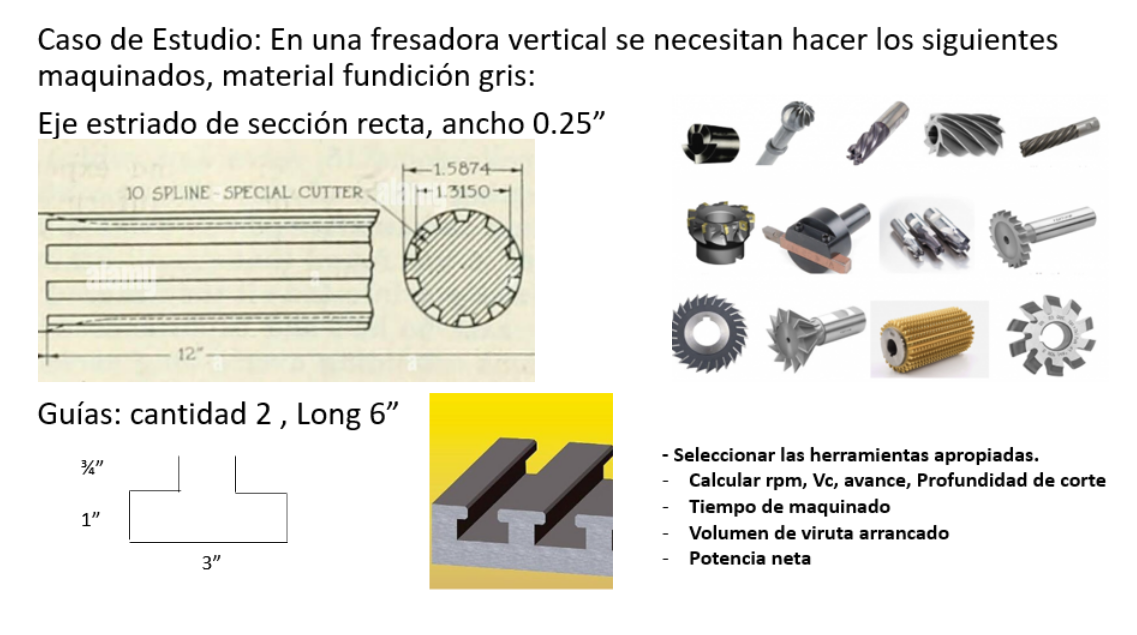 Caso de Estudio: En una fresadora vertical se necesitan hacer los siguientes maquinados, material fundición gris: Eje estria