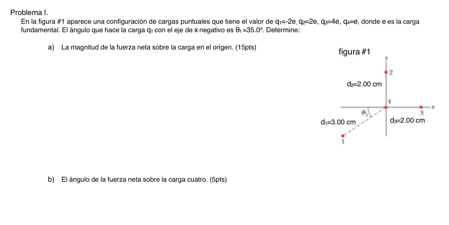 Problema I. En la figura #1 aparece una configuración de cargas puntuales que tiene el valor de \( q_{1}=-2 e, q_{2}=2 e, q_{