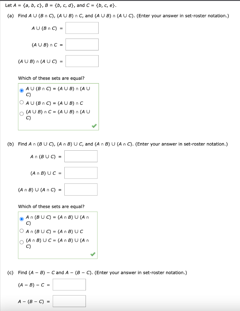 Solved Let A={a,b,c},B={b,c,d}, And C={b,c,e}. (a) Find | Chegg.com