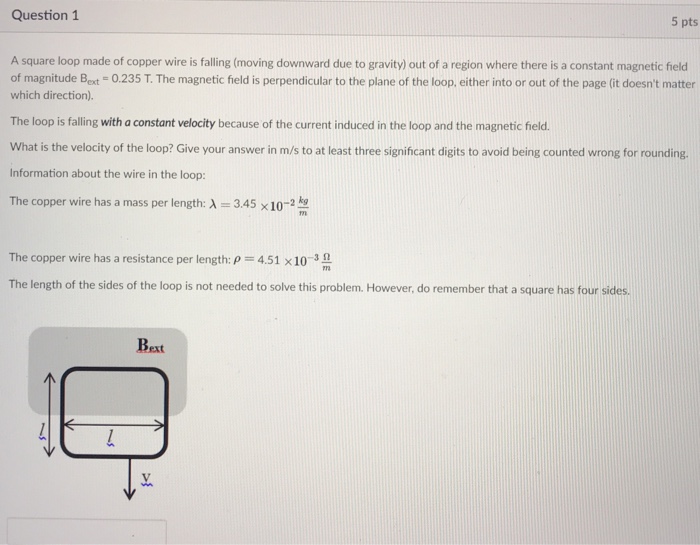Solved Question 1 5 pts A square loop made of copper wire is | Chegg.com