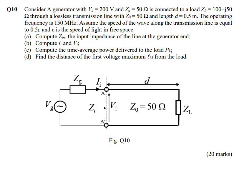 Solved Q10 Consider A generator with Vg=200 V and Zg = 50 2 | Chegg.com