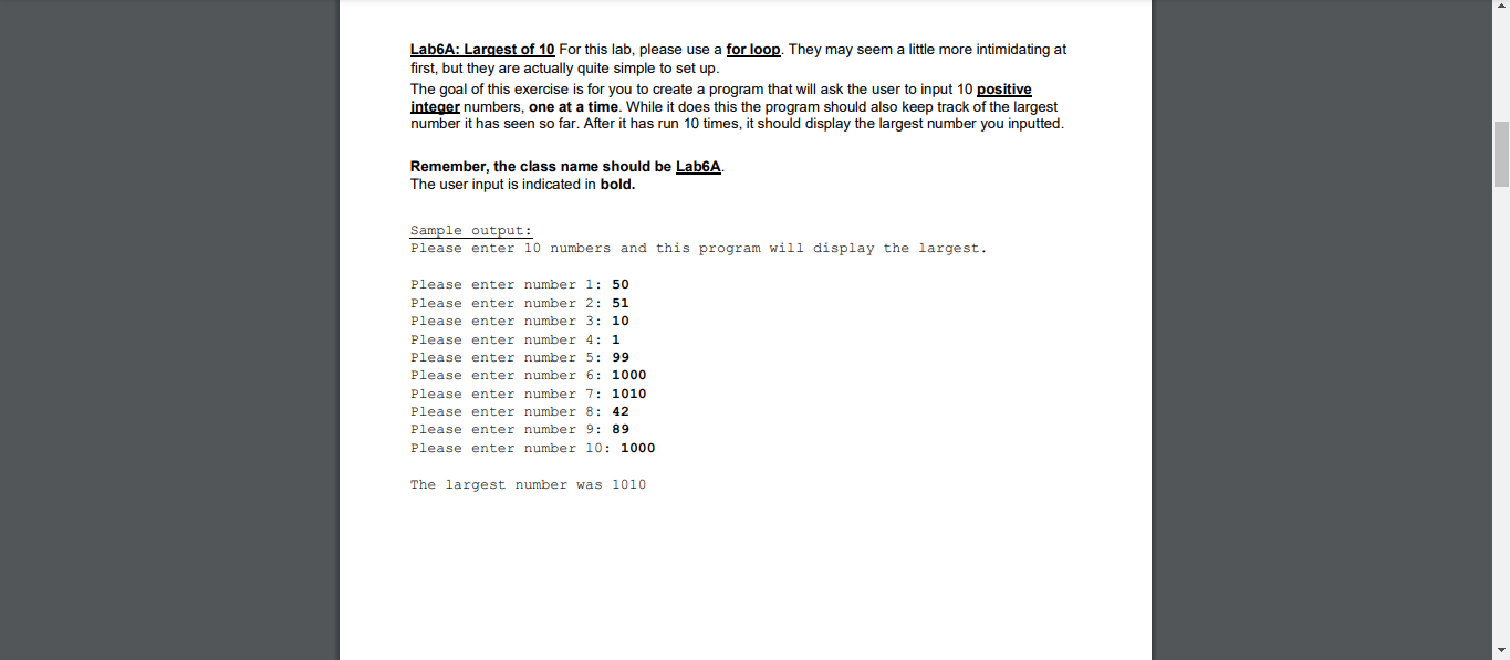 Solved Lab6A: Largest of 10 For this lab, please use a for | Chegg.com