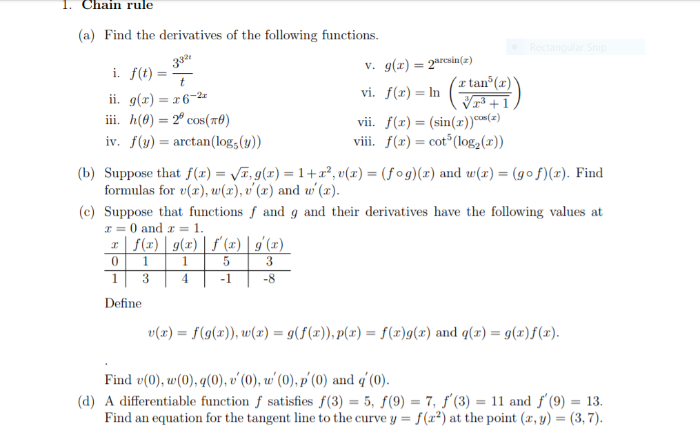 Solved 1 Chain Rule A Find The Derivatives Of The Foll Chegg Com