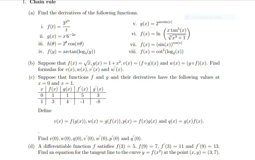 1 Chain Rule A Find The Derivatives Of The Chegg Com