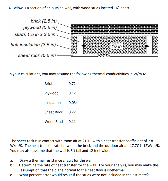 Solved 4. Below is a section of an outside wall, with wood | Chegg.com